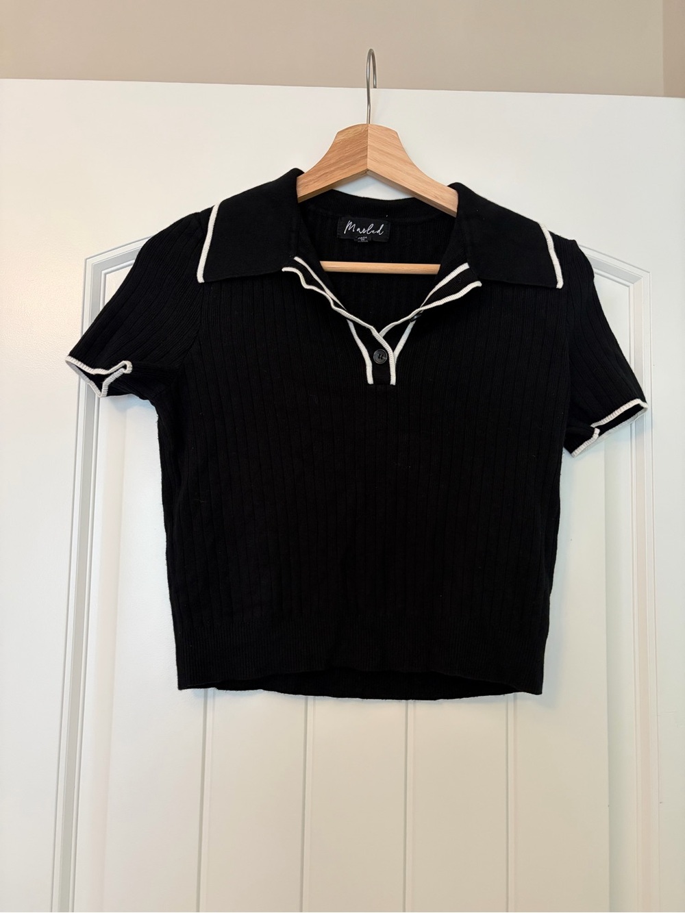 Black Short-Sleeve Polo Top with White Trim